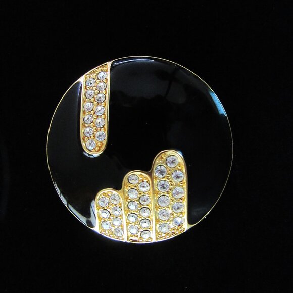 Vintage MONET round black enamel brooch with rhinestones - Art Deco Revival - Picture 1 of 5